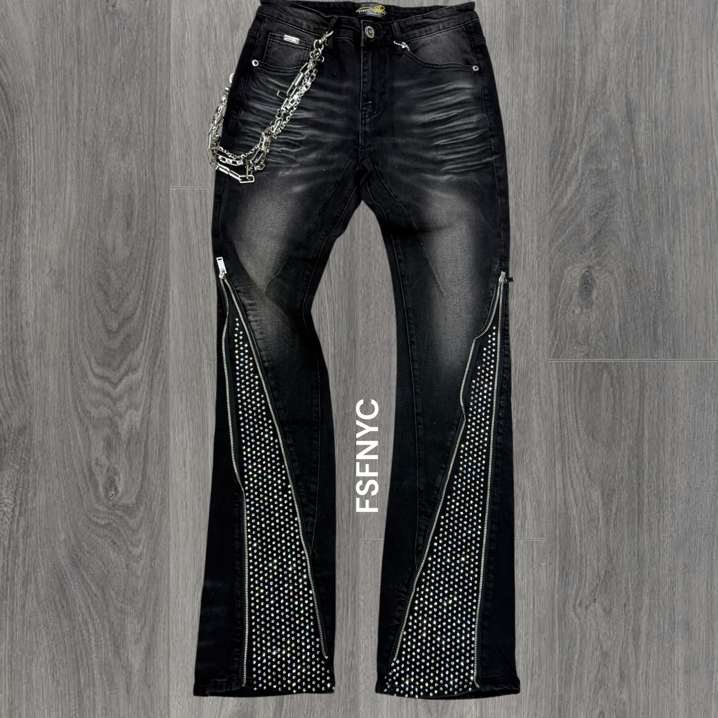 Milano - Stacked Zipper w Silver Rhinestones Denim - Black Dirty Wash - 700