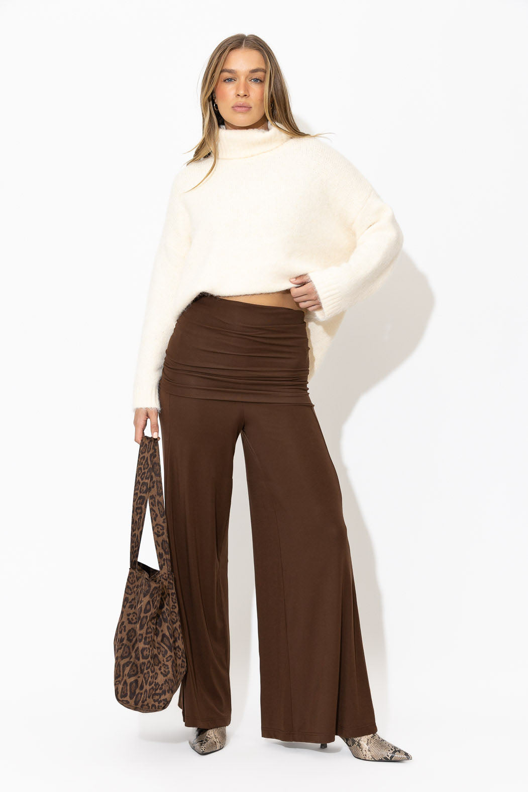Chocolate Tencel Roll Top Pant