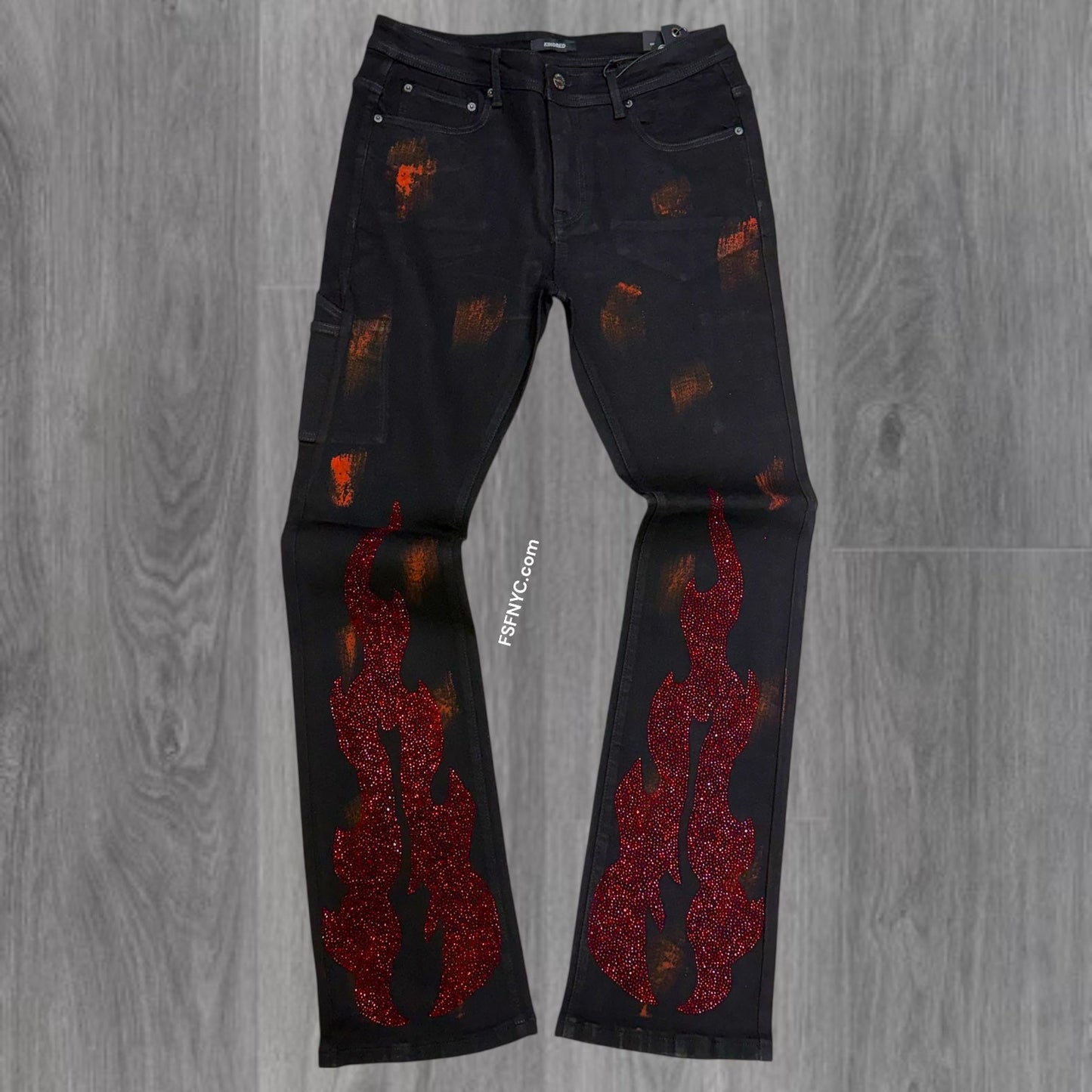 KD - Stacked Flames Rhinestone Denim - Black - 2226