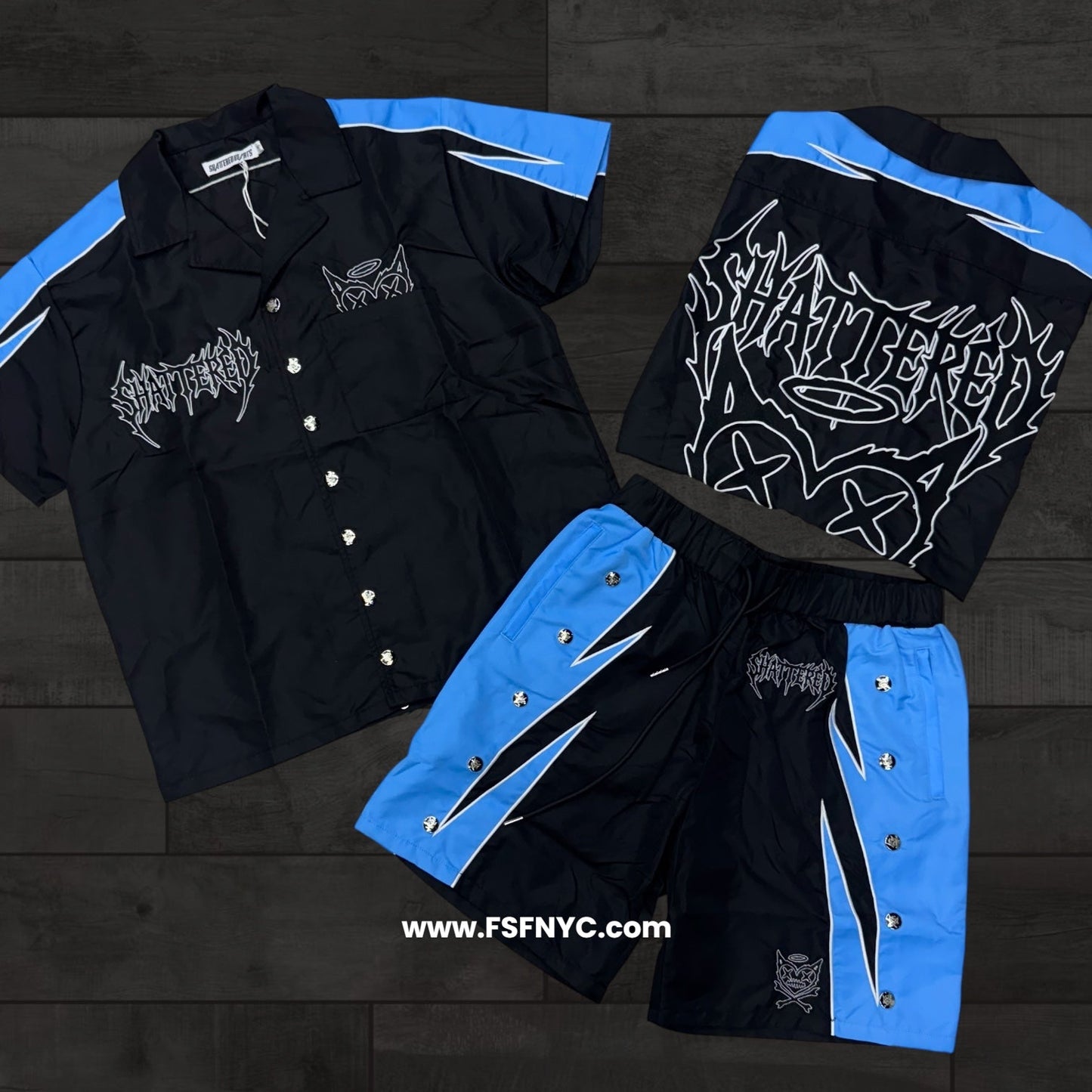 Shattered- Nylon Short Set - Blue Black -