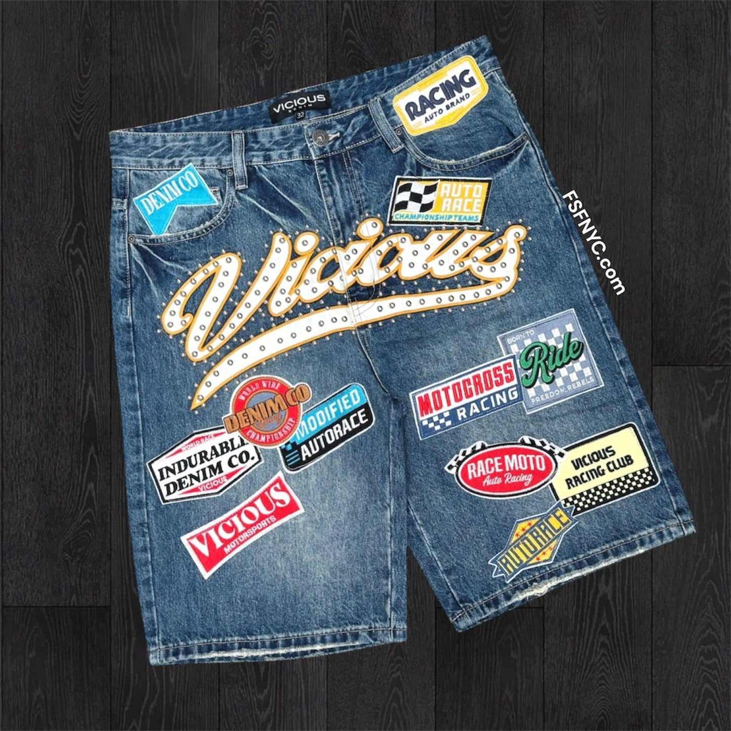 Vicious - Moto Race Denim shorts- Dk Indigo - Vc1202