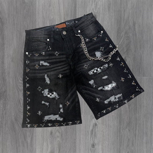Elite - Faded Embellish Denim Shorts - Black Wash 19483