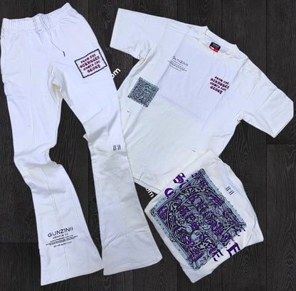 Gunzini - Stacked Sweat Pants - Off White/Purple - Gz682