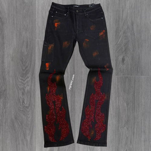 KD - Stacked Flames Rhinestone Denim - Black - 2226