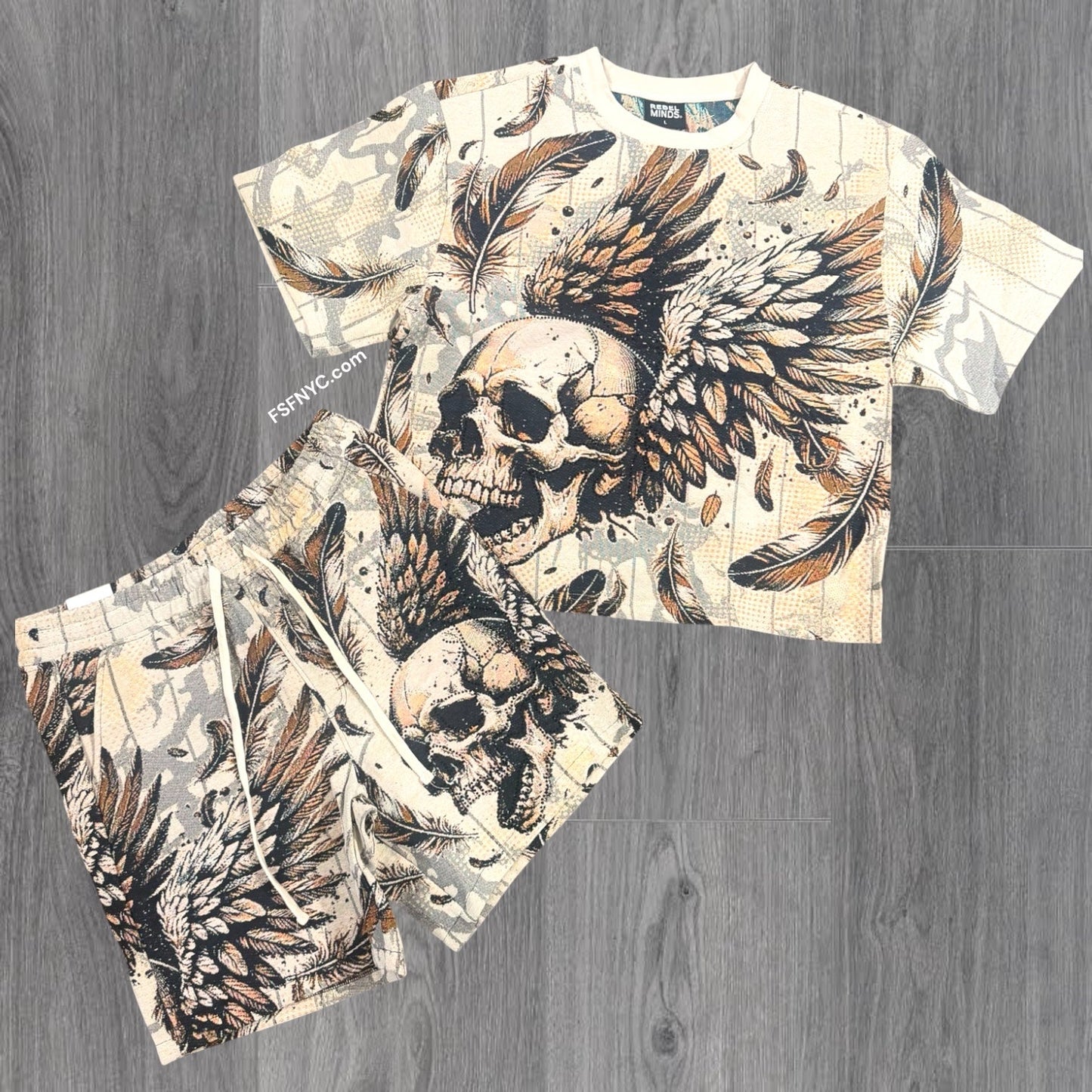 Rebel - SET Tapestry Skull w/Rhinestone Short Set - Cream - 703 903
