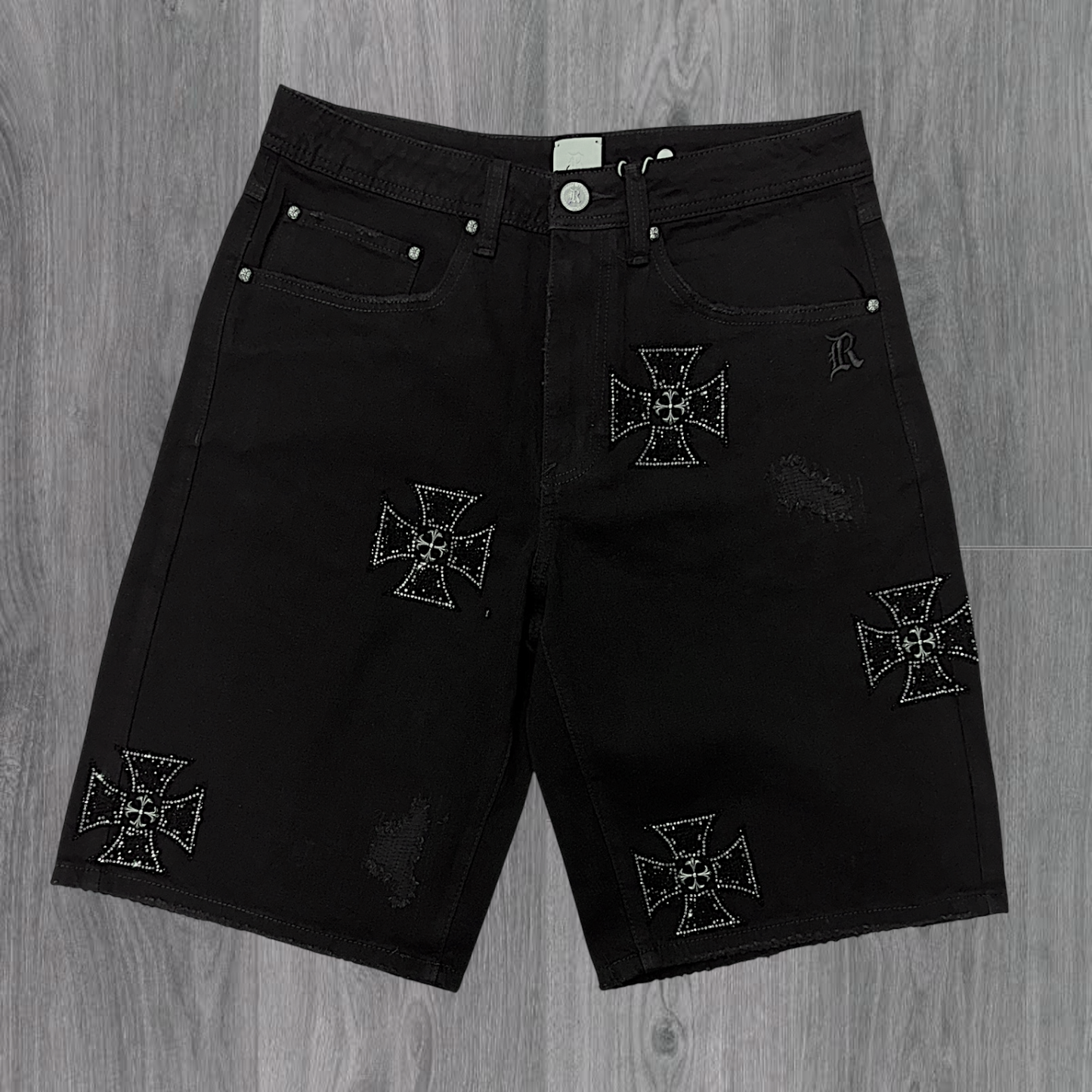 Rebel - Rhinestone Denim Shorts - Black - 992