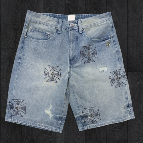Rebel - Rhinestone Denim Shorts - L blue -992