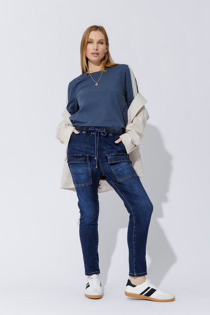Dark Denim Pull On Cargo Jean
