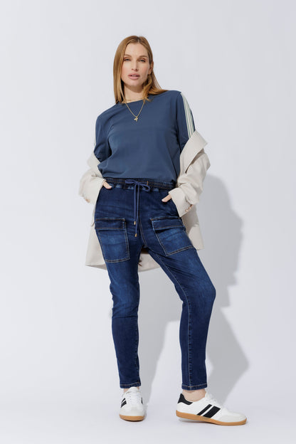 Dark Denim Pull On Cargo Jean