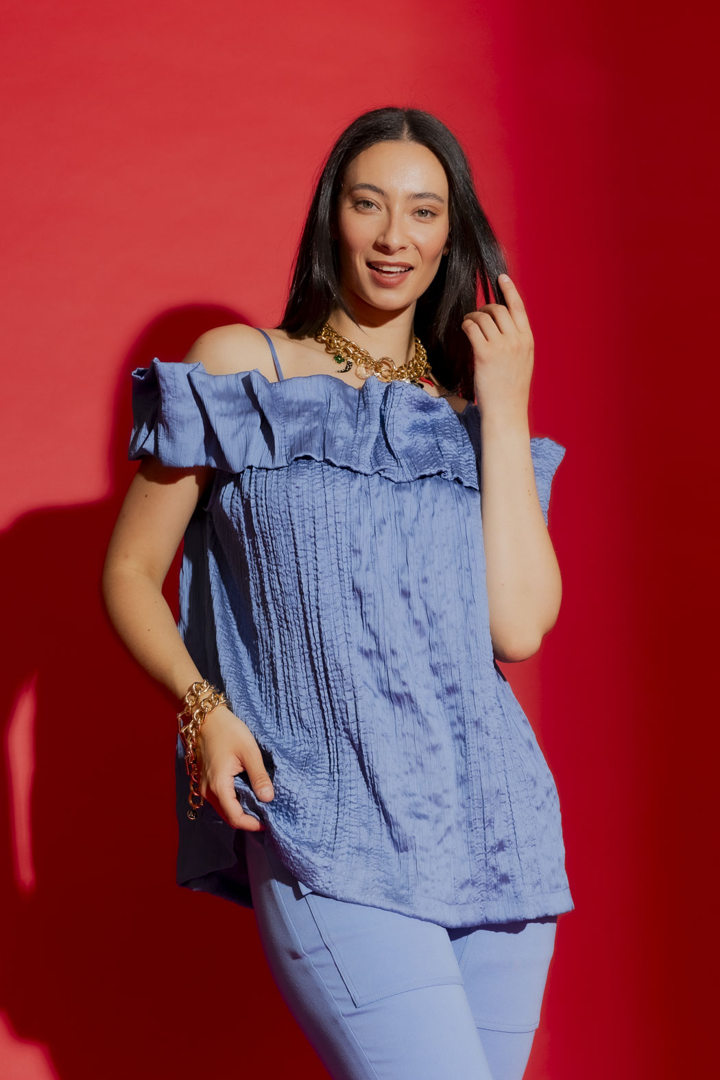 Cornflower Off Shoulder Ruffle Top