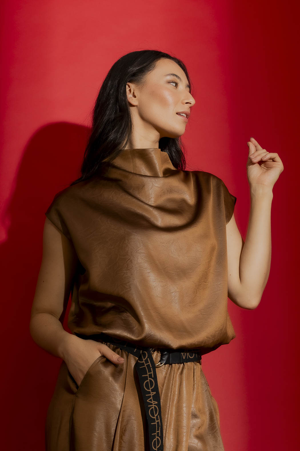 Chocolate Embossed Funnel Neck Top