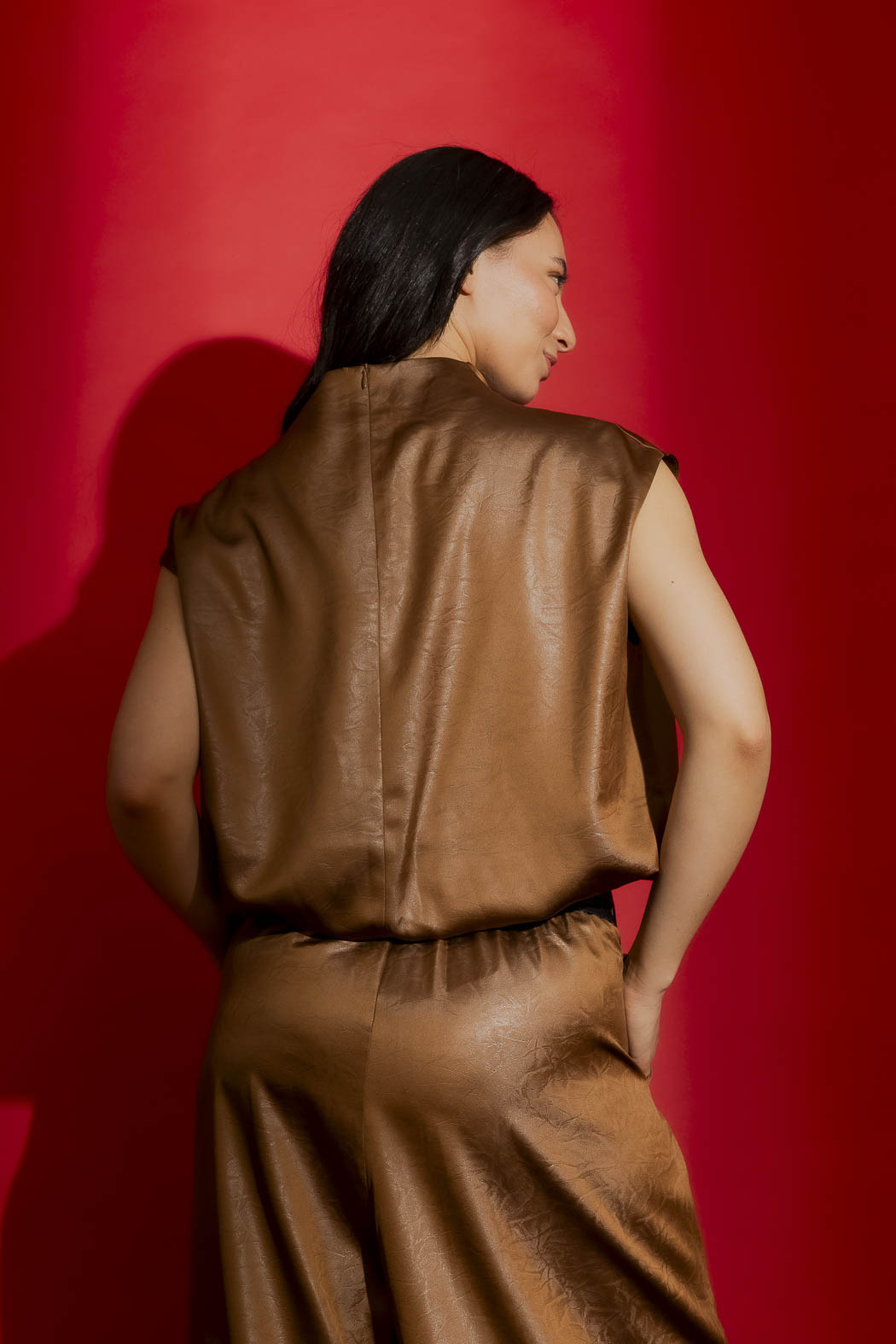 Chocolate Embossed Funnel Neck Top