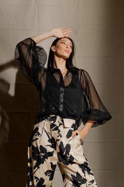 Black Sequin Balloon Sleeve Shirt