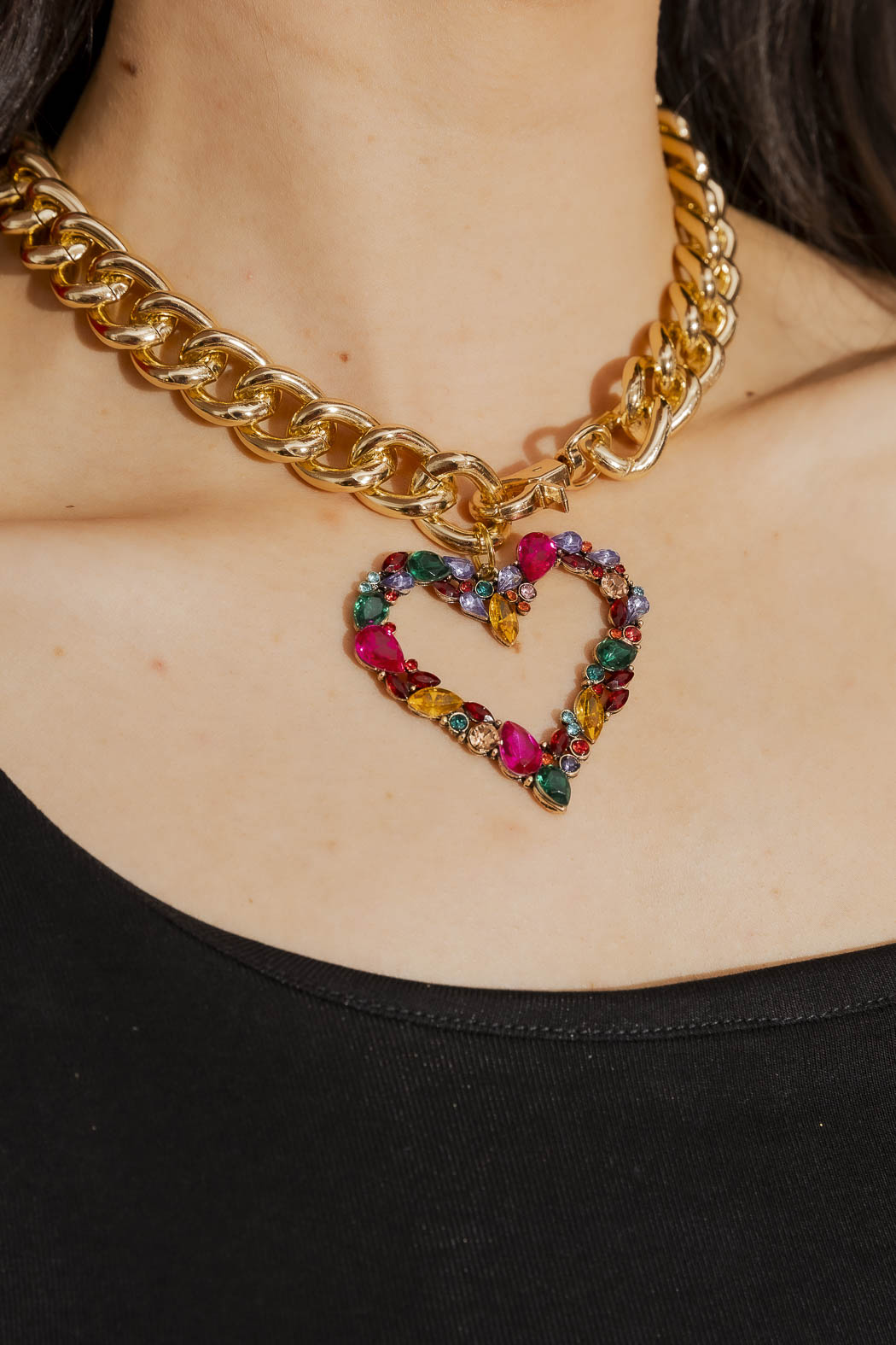 Gold Rhinestone Heart Necklace Gold O/S