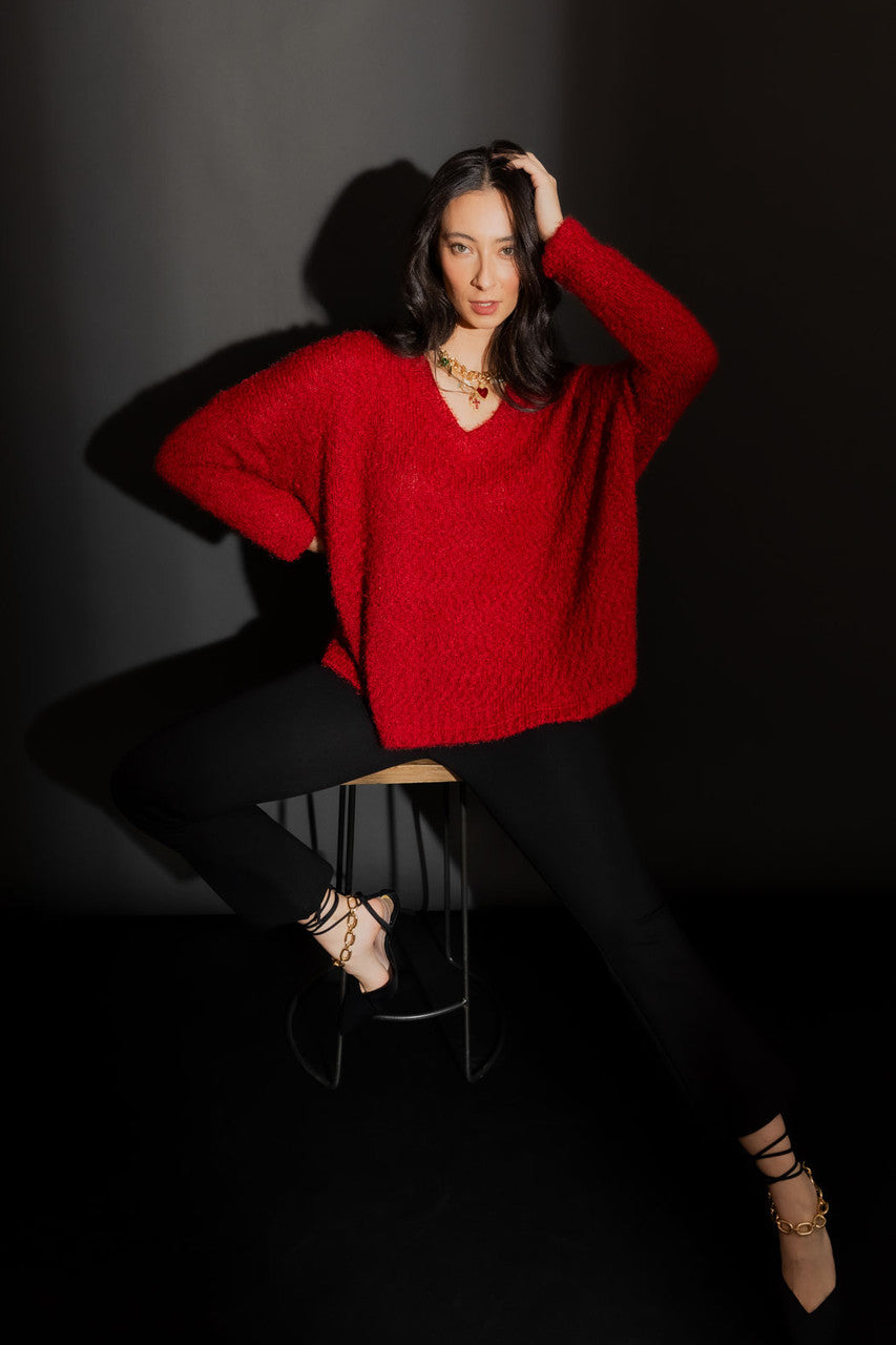 Burgundy Fluffy V Neck Jumper